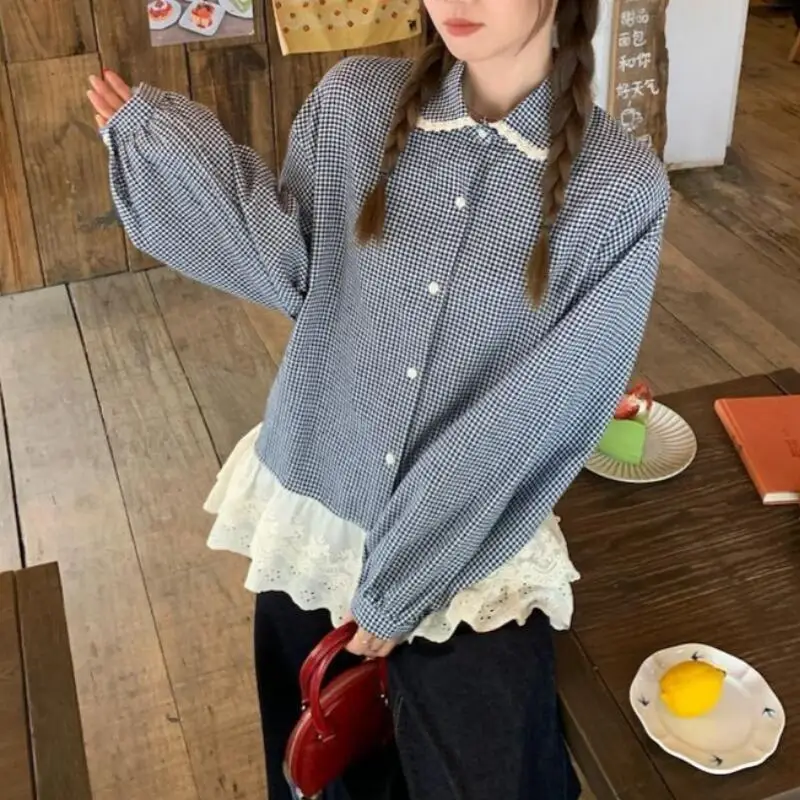 Sweet Girl Blue Checkered Lace Patchwork Shirt for Spring and Summer Cute Women's Doll Collar Fashionable Skin Friendly Tops