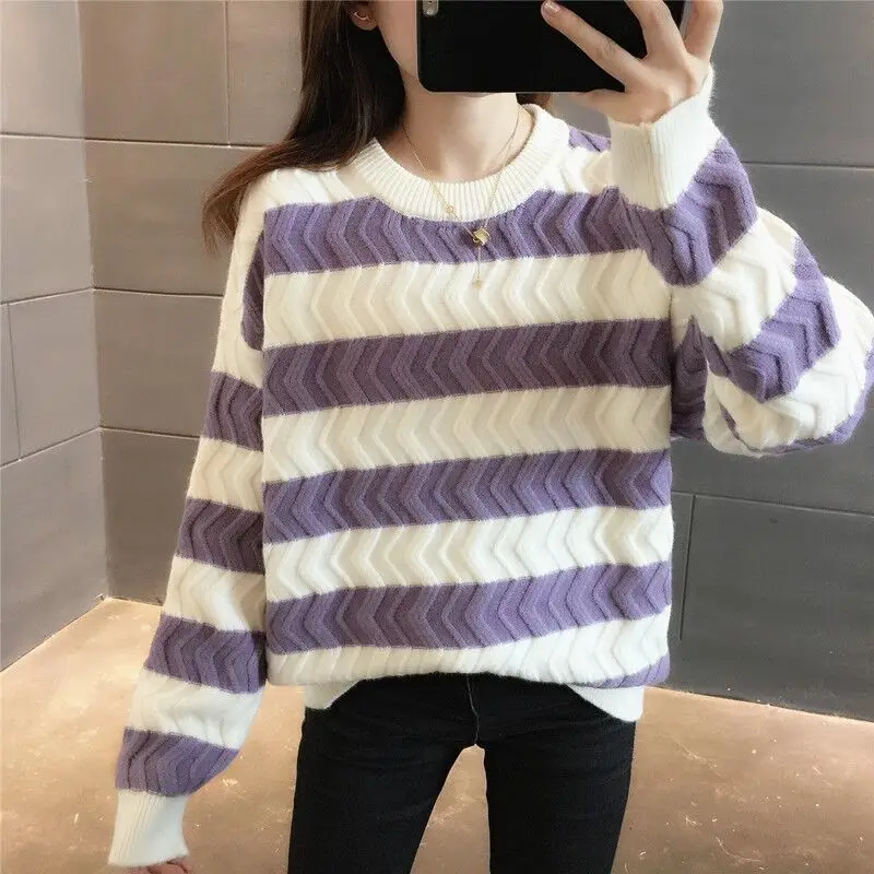 

Женский вязаный свитер с круглым вырезом, теплый привлекательный гладкий базовый корейский модный осенний распродажа, дешевые повседневные женские пуловеры в полоску