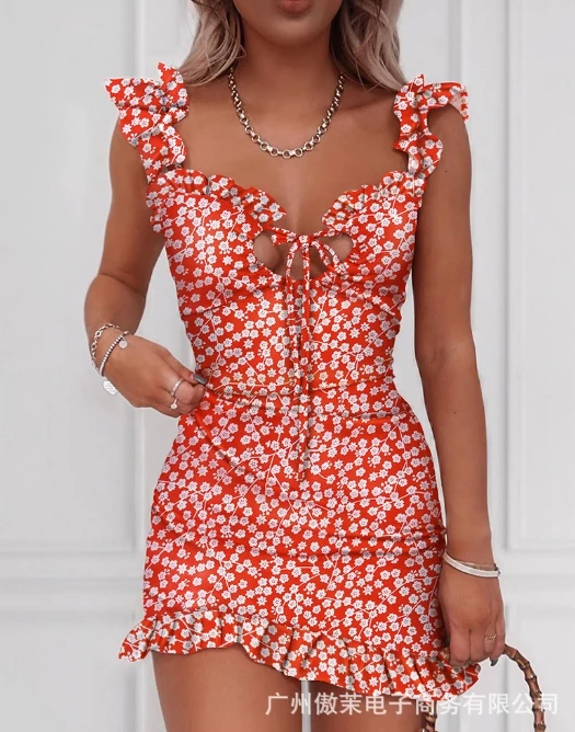 

Женское платье для отпуска, модное повседневное облегающее мини-платье с цветочным принтом, оборками на Подоле и завязками, лето 2024
