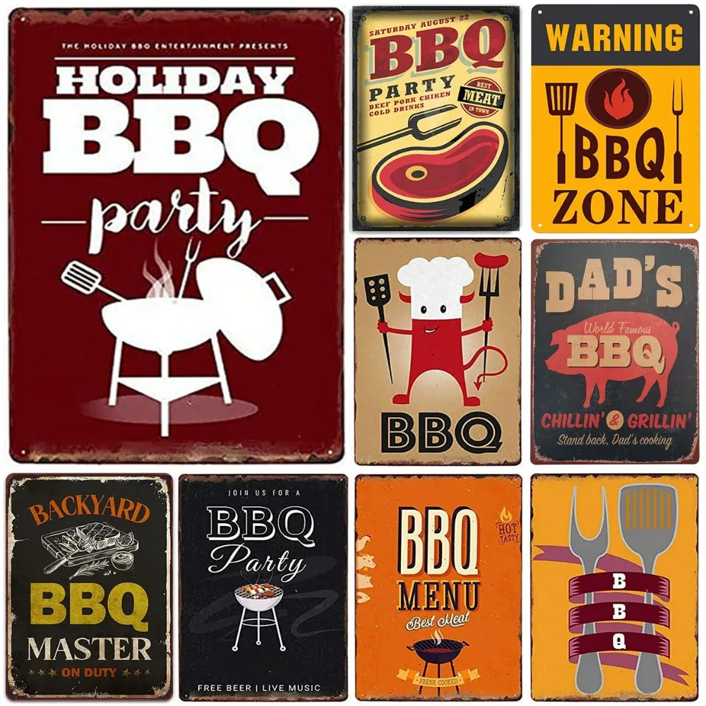 Metall-Blechschild BBQ Party Zone Wanddekoration Vintage Kunstposter Eisenmalerei für Männerhöhle Zuhause Café Bar