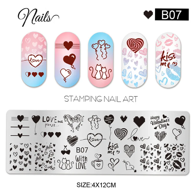 Plaques d'estampage d'ongles pour la saint-valentin, plaque de Nail Art en acier inoxydable, fleur de Rose, cœur d'amour, outils de pochoir de conception d'ongles d'halloween