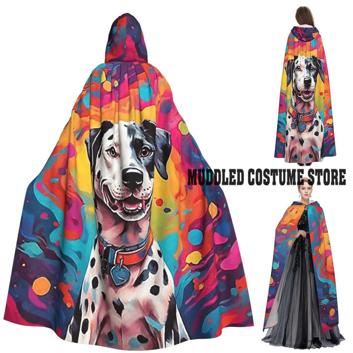 

Психоделический далматинский длинный плащ с капюшоном, средневековый костюм ведьмы, накидка для косплея, накидка на Хэллоуин, вечеринка для взрослых, унисекс