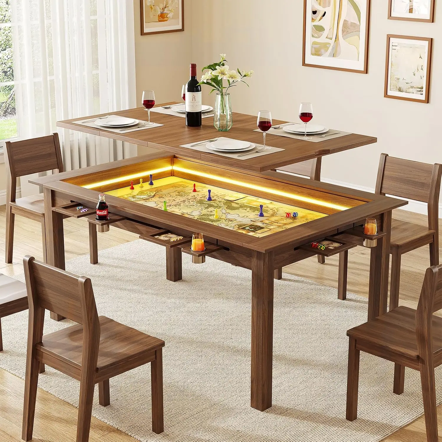 Walnut Board Game Table RGB LED Lights Removable Top, 4-6 Player Dining Table with Cup Holders, 63in Length, Customized