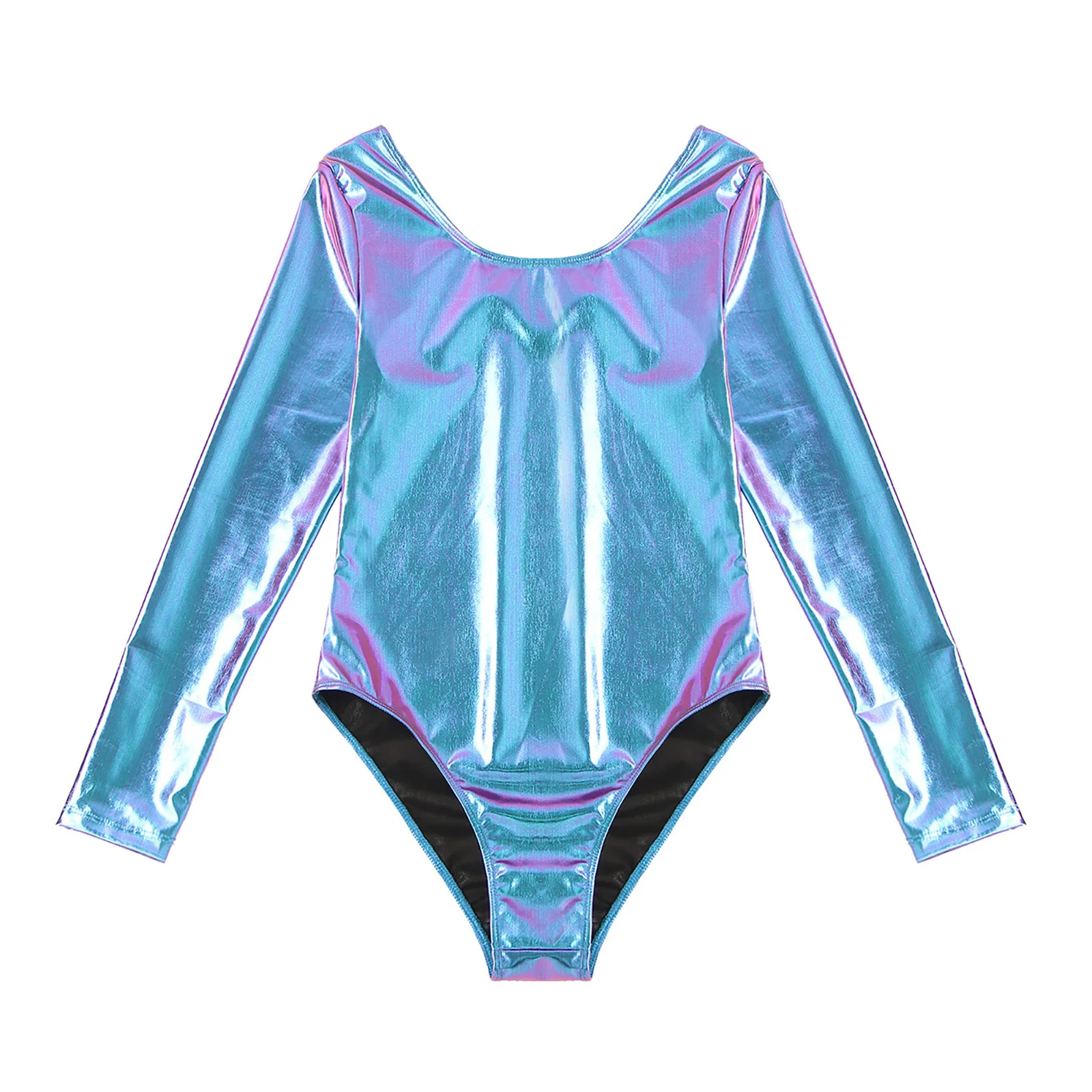 Women Shiny Patent Leather Gymnastics Leotard Performance Jumpsuit Long Sleeves Monokini Bodyuit Adult Ballet Dancewear Clubwear