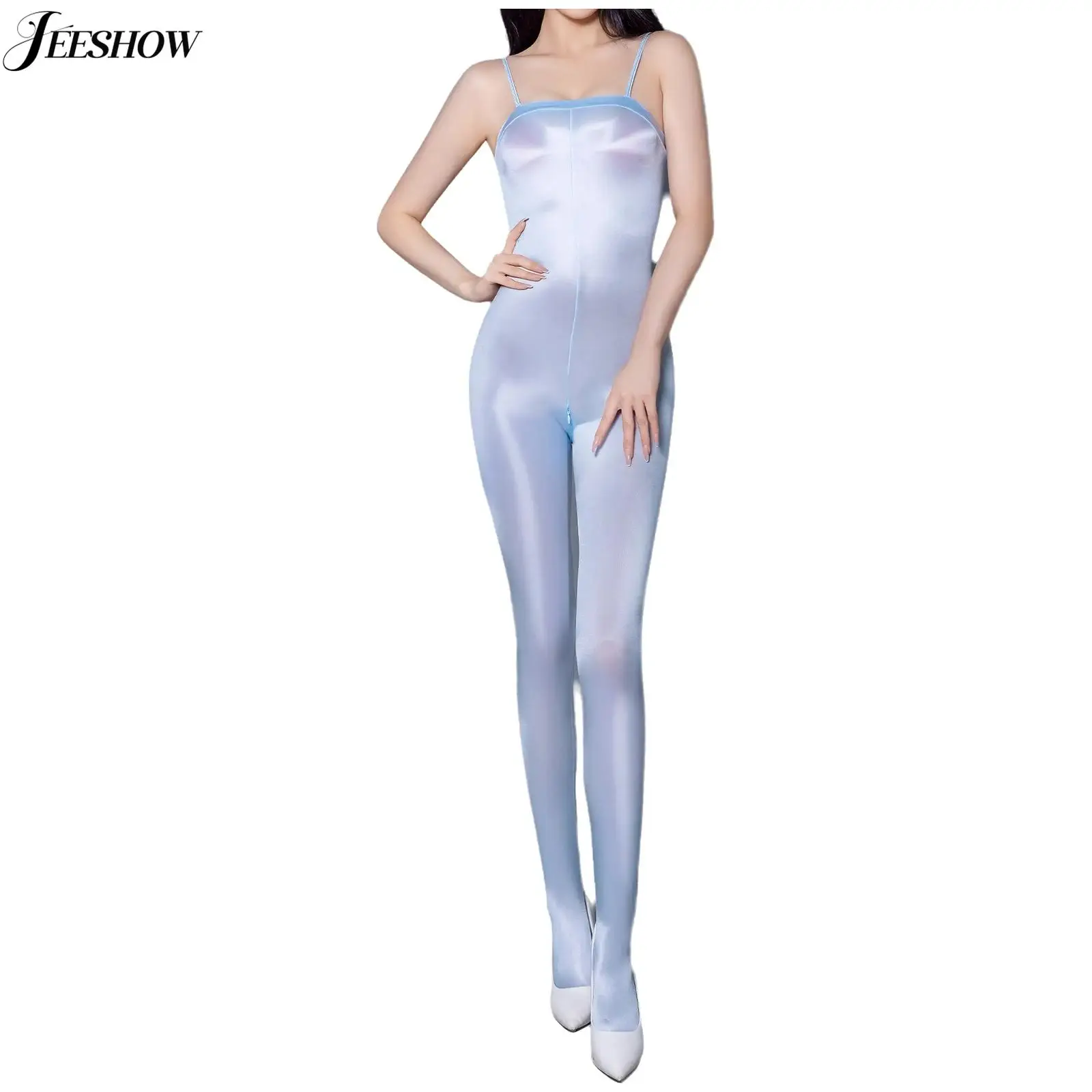 

Womens Glossy See Through Sling Bodysuit Spaghetti Straps Double-en Zipper Sleeveless Bodystockings Naughty Unitard Nightwear