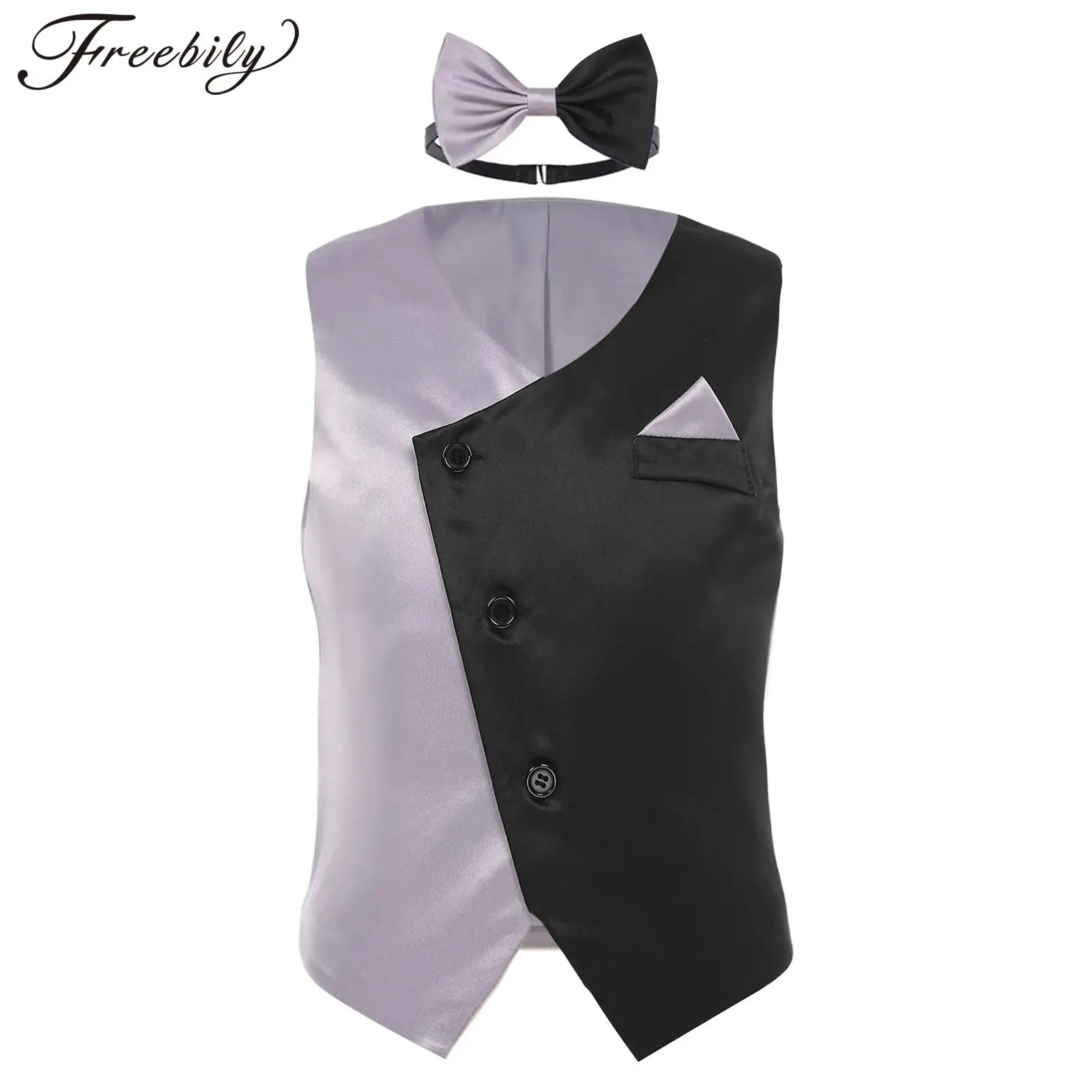 Toddler Infant Baby Boys Attire Satin Vest Waistcoat School Uniforms Bow Tie Vests for Host Wedding Birthday Party Costumes