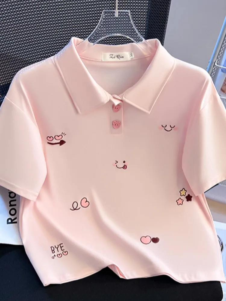 

Pink irt ort Sve Loose Fit Women's Summer T-irt Korean Sle Commute Cotton Blend Elastic Fiber Button Detail