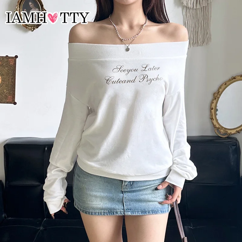 IAMHOTTY Casual Basic Letter Print Pullover White Korean Style Slash Neck Sweatshirts Chic Loose Long Sleeve Tops Streetwear New