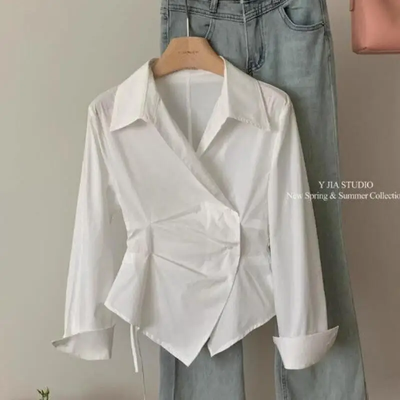 

Fashion Irregular Stripe Shirt Cotton Blend Women's Commute Design Sense Waist Cinching Slimming Long Sleeve New Style Blouse