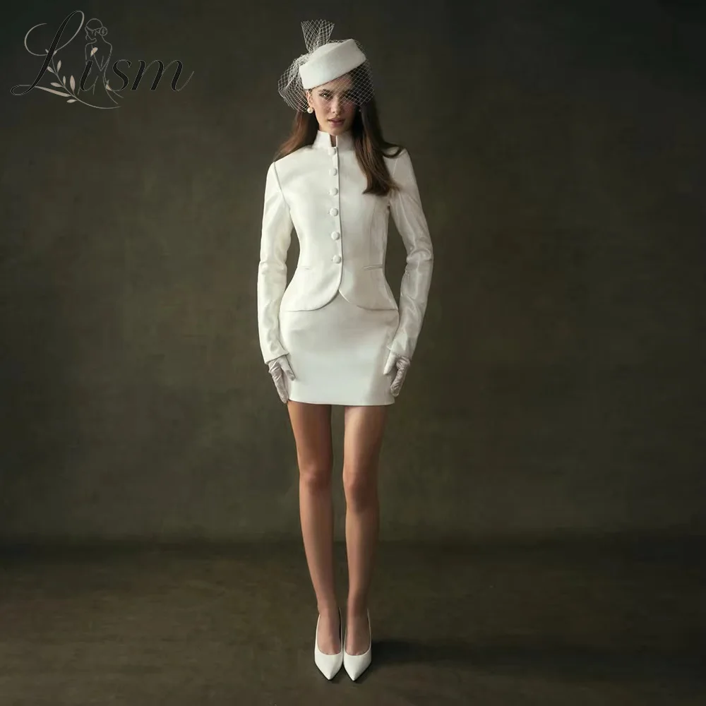 Lism Temperament High Neck Full Sleeve Wedding Dresses Satin Two-piece Set Mini Ivory Button Fascinating Bridal Gown Customized