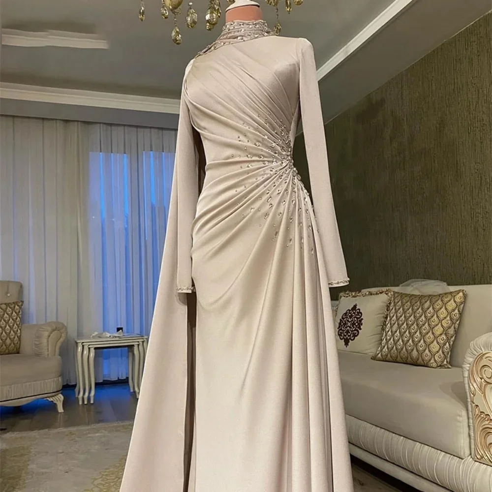 JDYカスタムシャンパンサテンビーズ装飾ハイネック高級イブニングドレスモダンスタイルウェディングパーティガウン