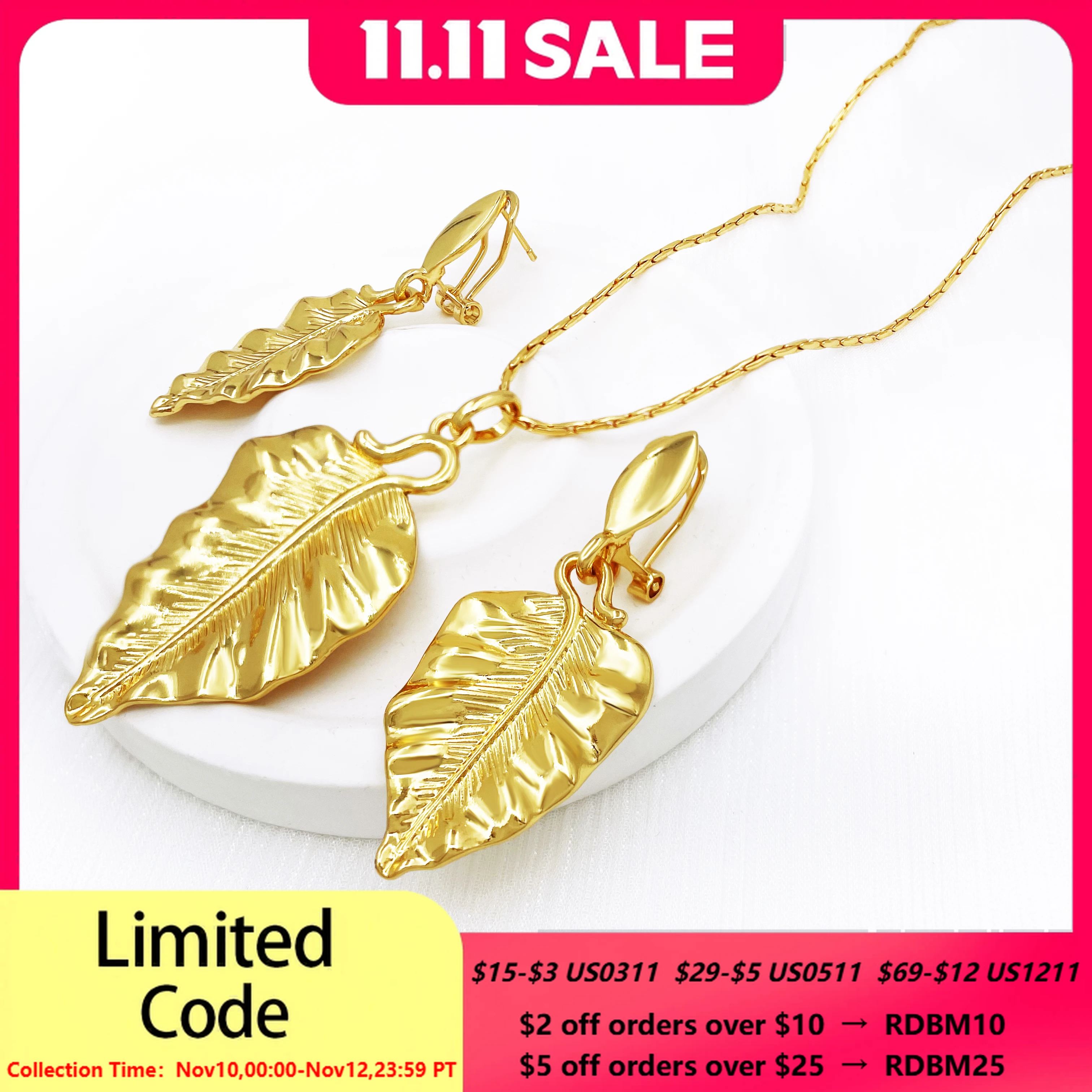

Fashion Leaf Pendant Earrings For Women 18K Gold Plated Necklace 3PCS Set Jewelry Wedding Party Gift