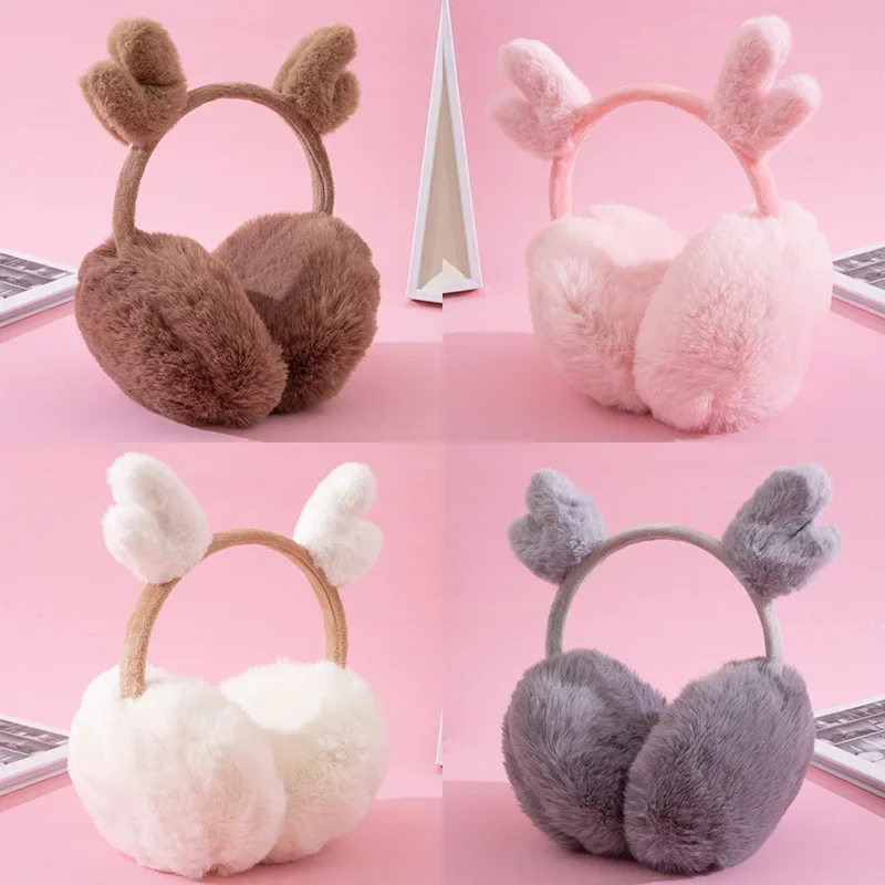 

Christmas Antlers Winter Earmuffs New Fur Elk Ear MuffsSolid Color Headphones Women Girls Fur Headphones Warm Ear Warmers Hot