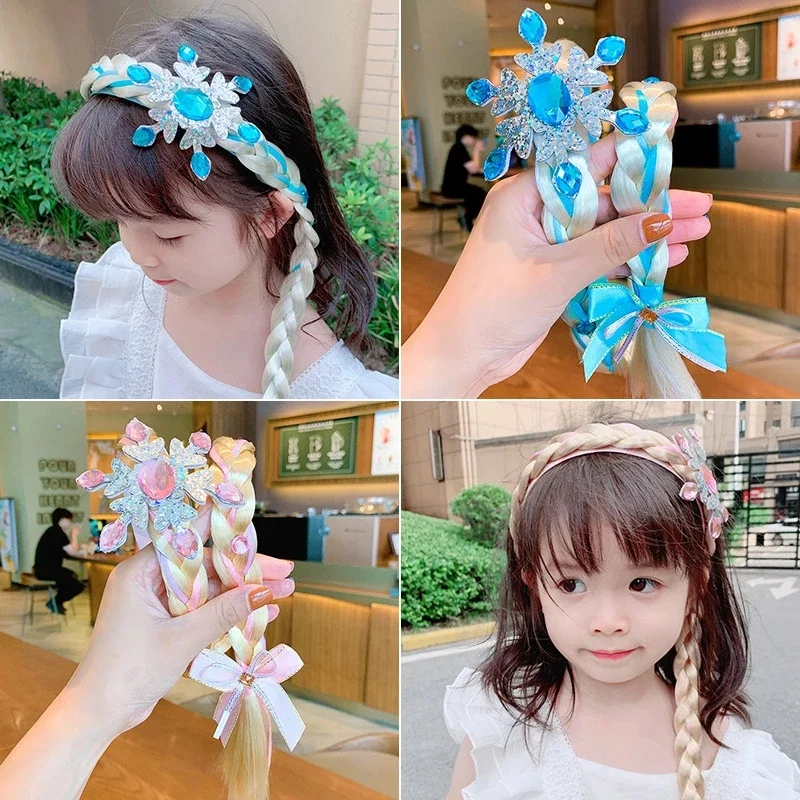 Frozen Princess Wig Braids Cartoon Children's Pressed Hair Headband Kids Princess Cute Bow Mesh Crown Hair Accessories