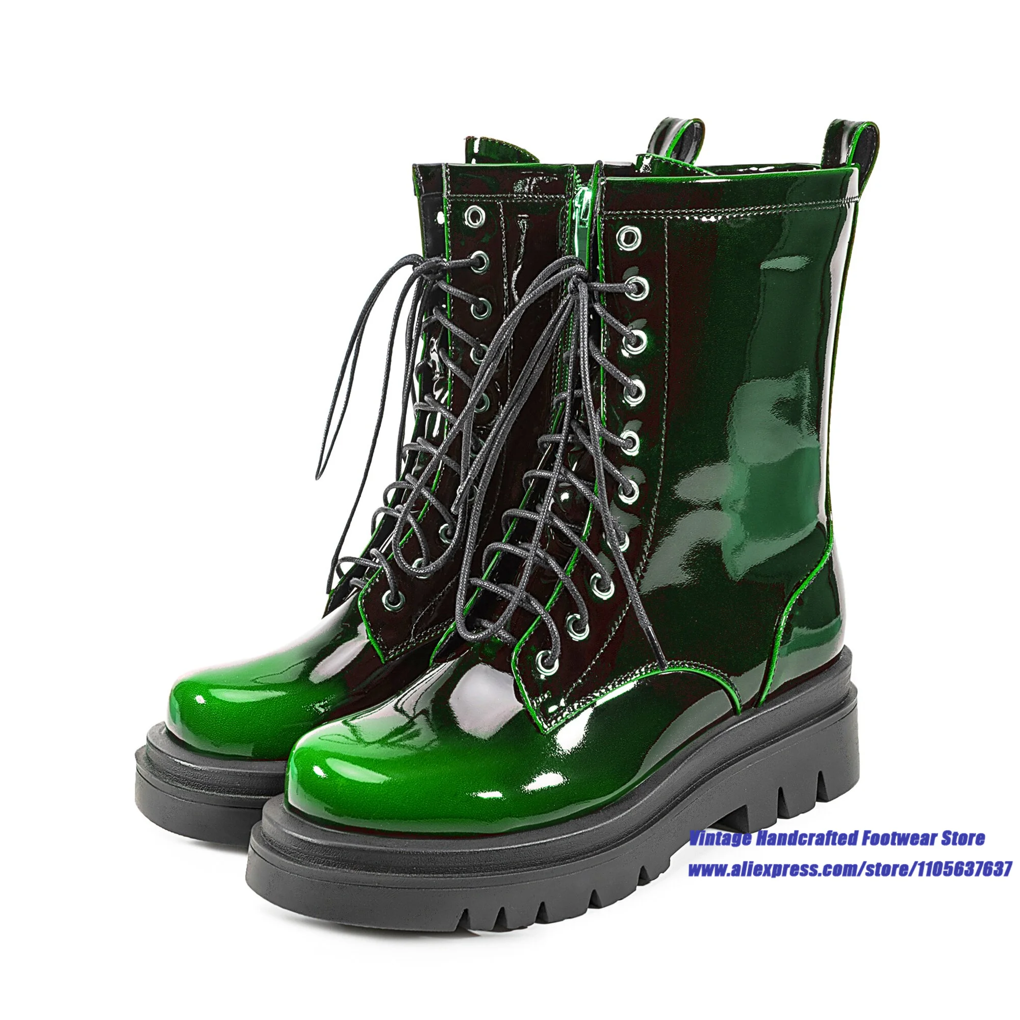 Women's Glossy Patent Leather Boots Lace-Up Side Zipper Double Platform Motorcycle Boots Designer Autumn/winter Men's Boots