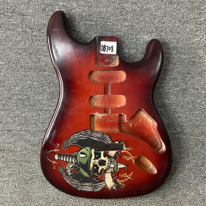 DB708 SSH Pickups in Solid Wood Unfinished ST Guitar Body Red Color Graphics Design on Top of Body for DIY