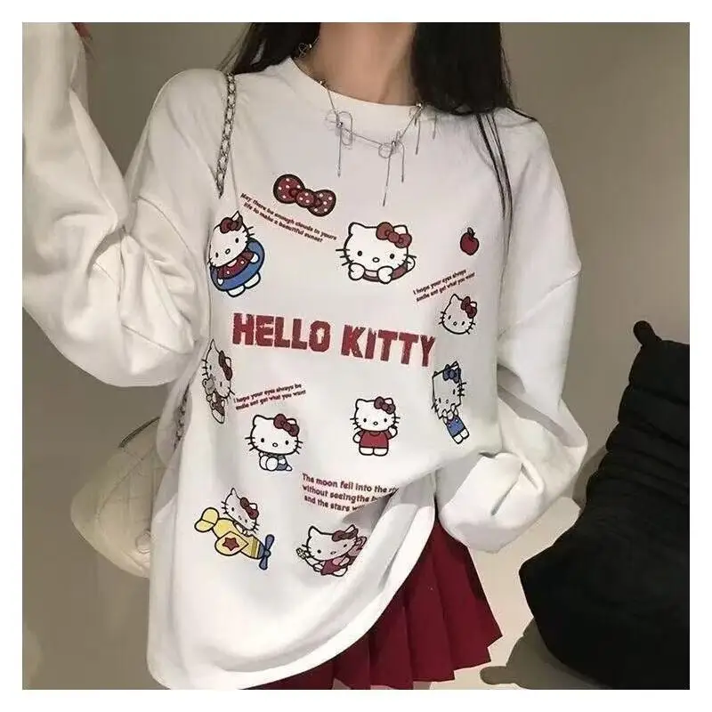 

Sanrio Hello Kitty women's T-shirt tops Cotton Women Autumn Sweet Cute Japanese Style Cartoon Print Loose Design Round Neck
