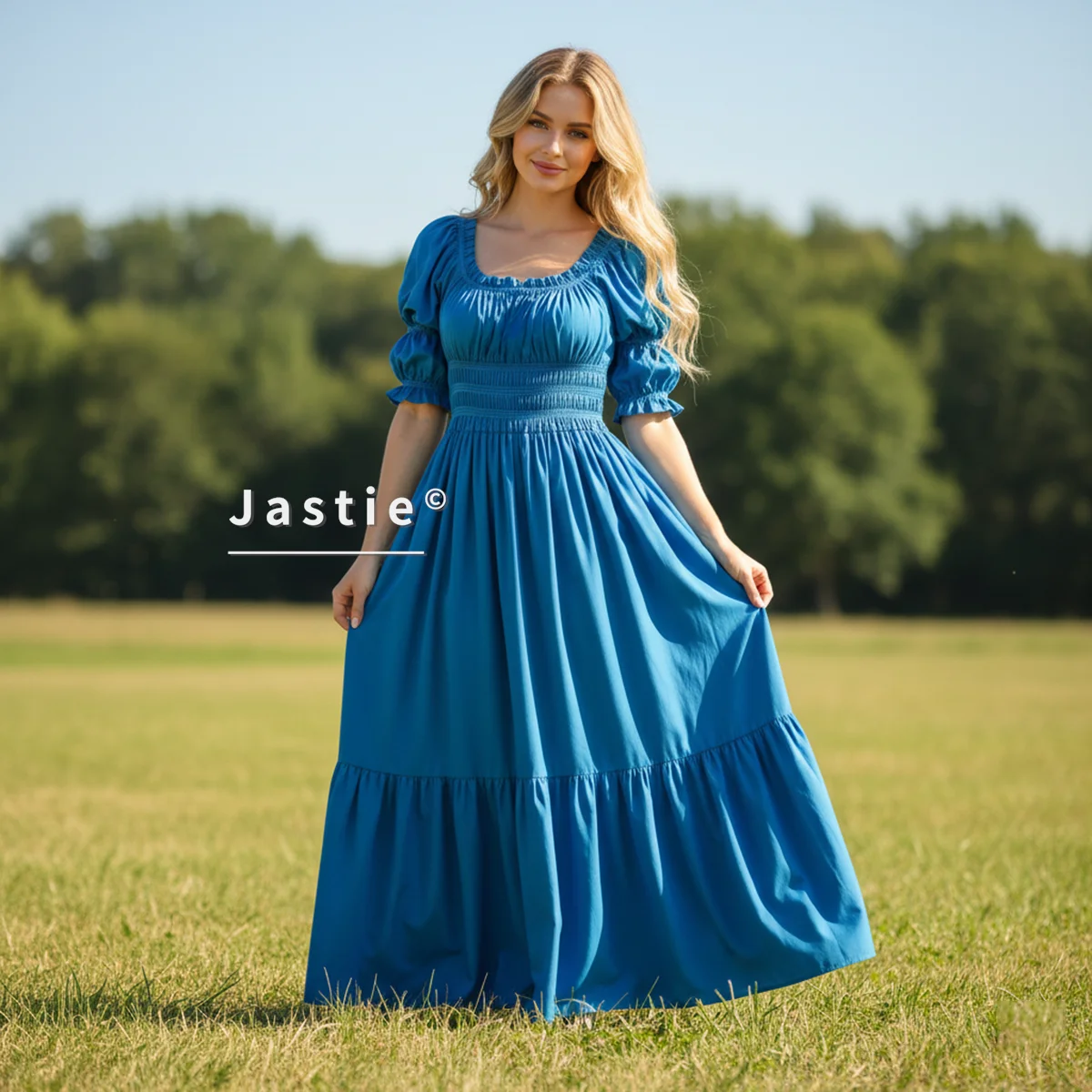 

Сине-белое праздничное летнее длинное платье, женское винтажное платье с пышными рукавами и круглым вырезом, эластичной резинкой на талии, макси-платья трапециевидной формы, хлопковый халат 2026