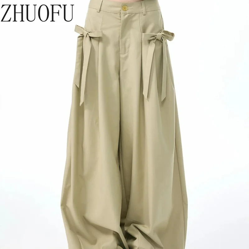 2026 Spring Autumn New Women's Clothing French Design Skinny Loose Cute Bow Khaki Casual Versatile Wide Leg Long Pants Ladies