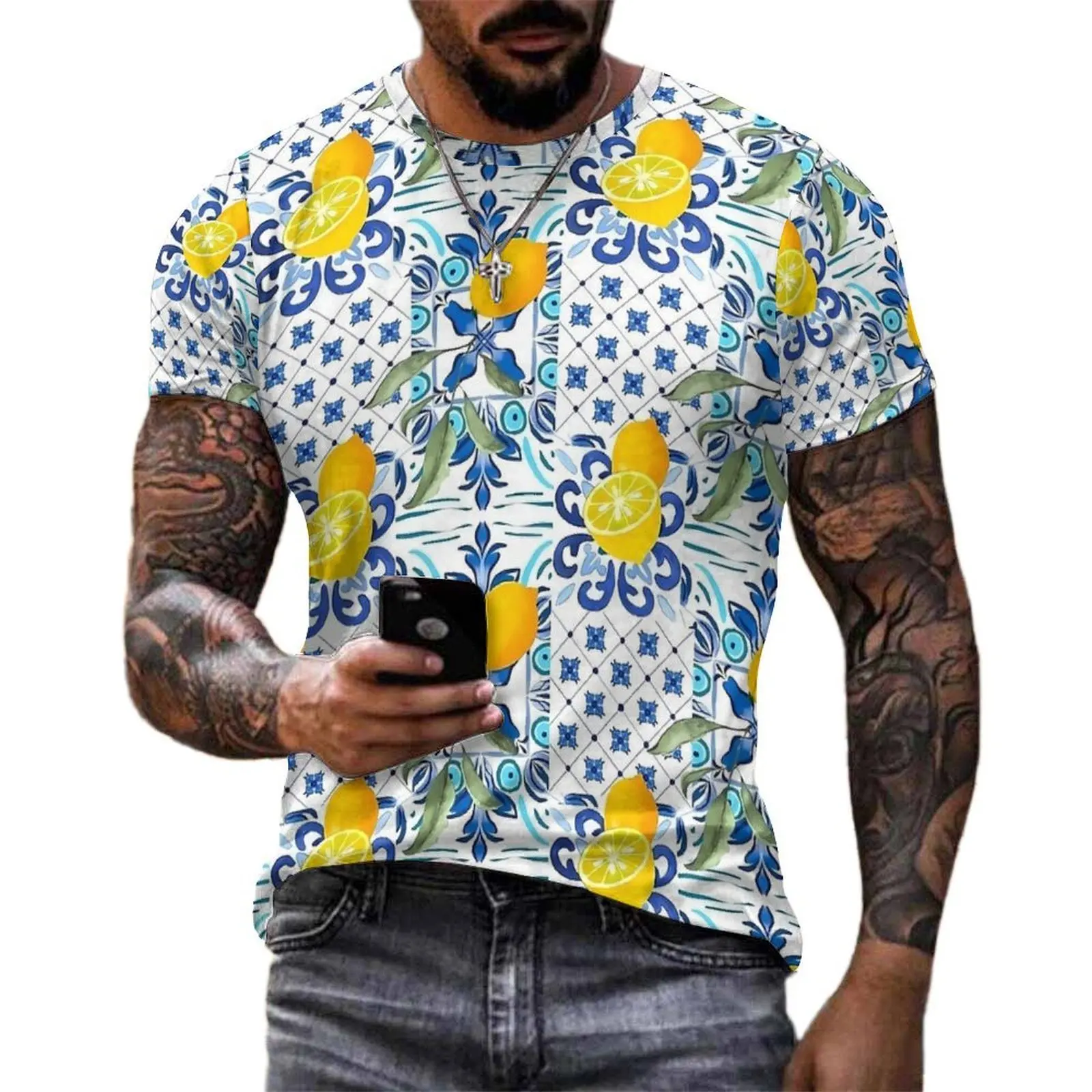 Mosaic Lemon T Shirt Vintage Sicilian Tiles Cool T-Shirts Short Sleeves Graphic Tshirt Hot Beach Streetwear Plus Size Clothes