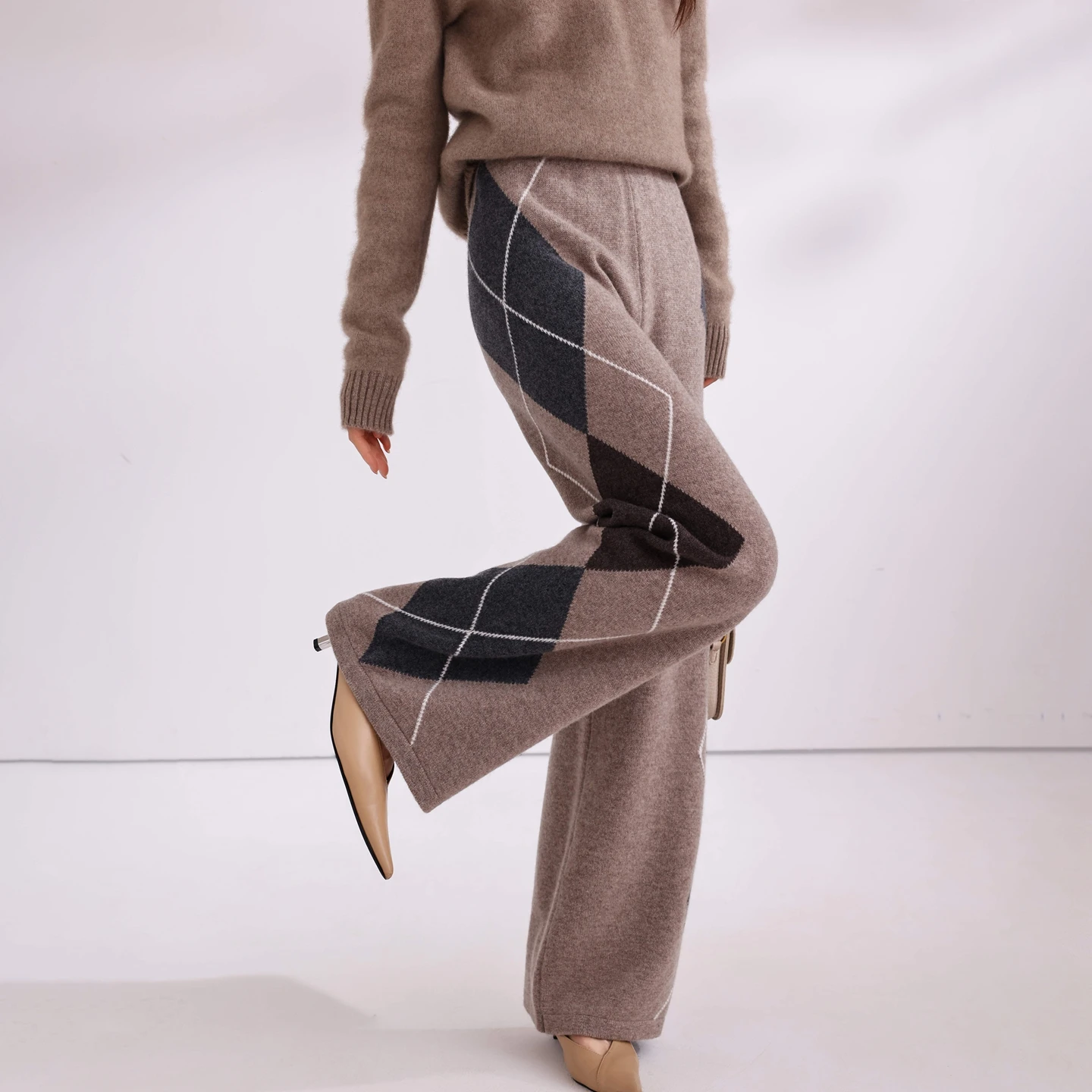 Fashion Diamond Pattern Women's Autumn Winter Wide Leg Pants 100% Merino Wool Thick Warm Straight Floor-Length Trousers