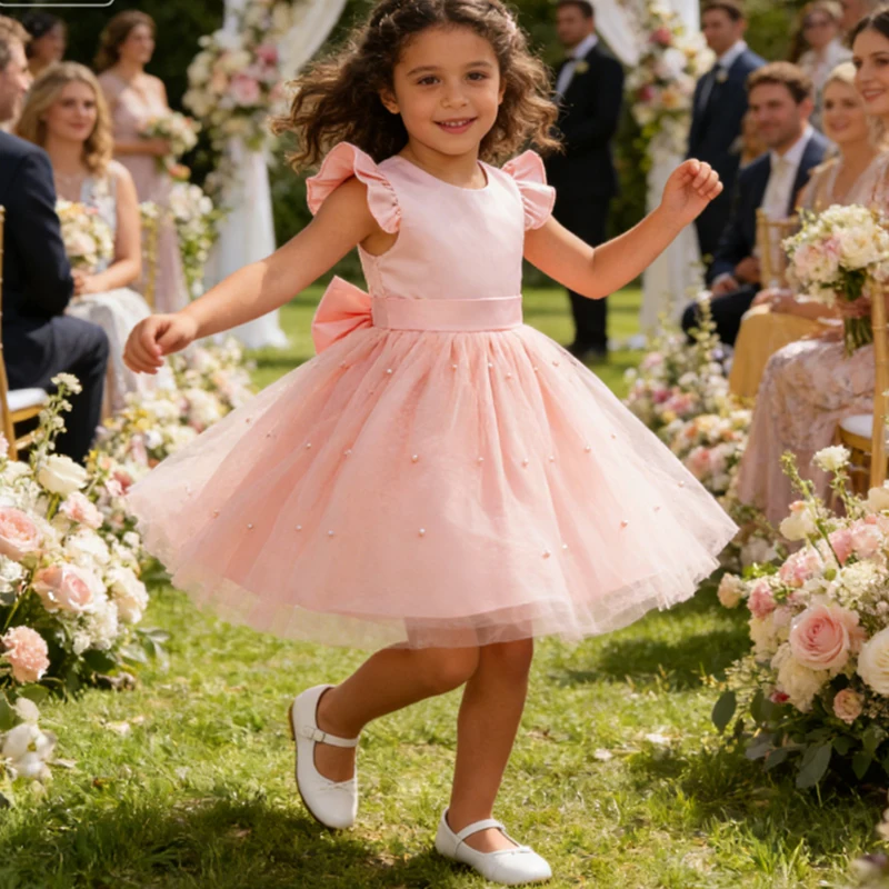 

Элегантное пышное платье принцессы с белым свадебным жемчугом для девочек, бальное платье с открытой спиной и большим бантом на свадьбу, подружку невесты, день рождения