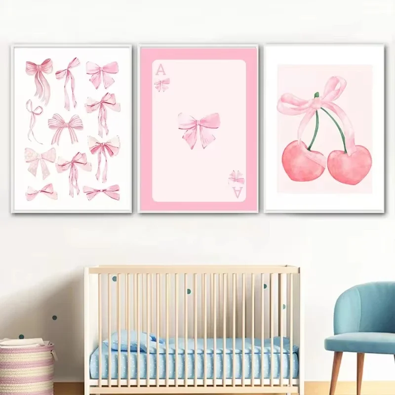 Minimalist Trendy Watercolor Pink Bows Cherry Disco Ball Zebra Wall Art Posters and Prints Canvas Painting for Home Decor  ﻿