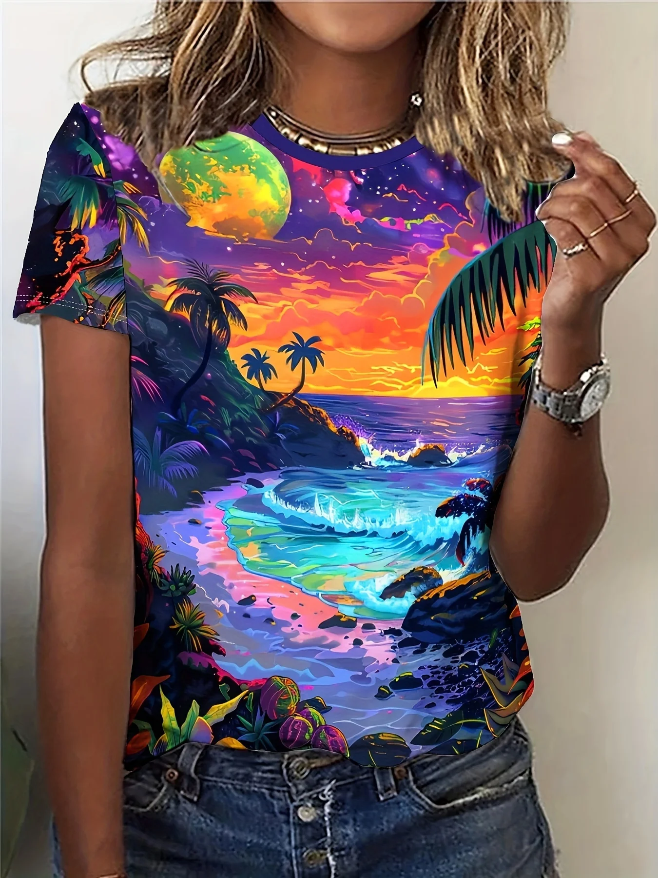 Neon Tropical Women's Tee - Cosmic Beach Sunset Graphic, Vibrant Psychedelic Print Design for Casual Daily Wear
