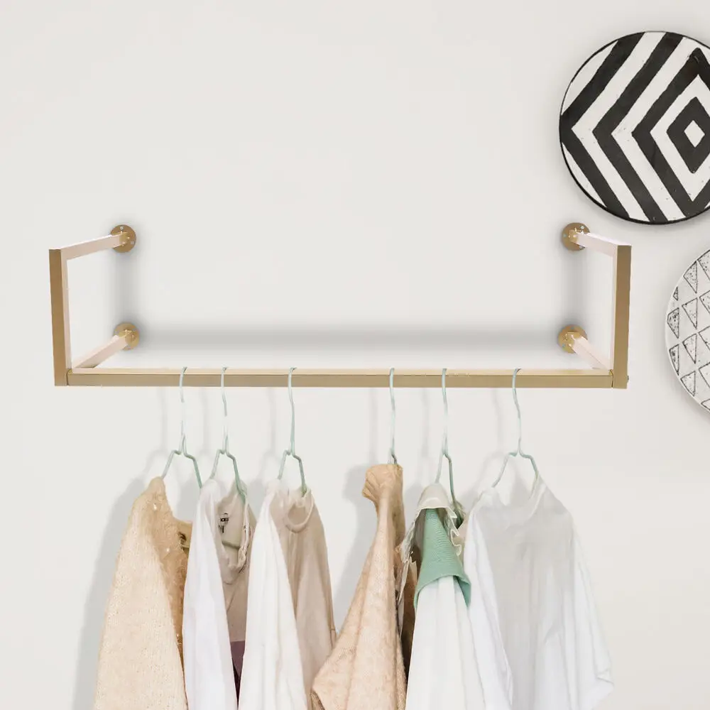 Wall Mount แขวนเสื้อผ้า Closet Storage Rack 39 "Golden Iron Rod ราวแขวนเสื้อผ้า