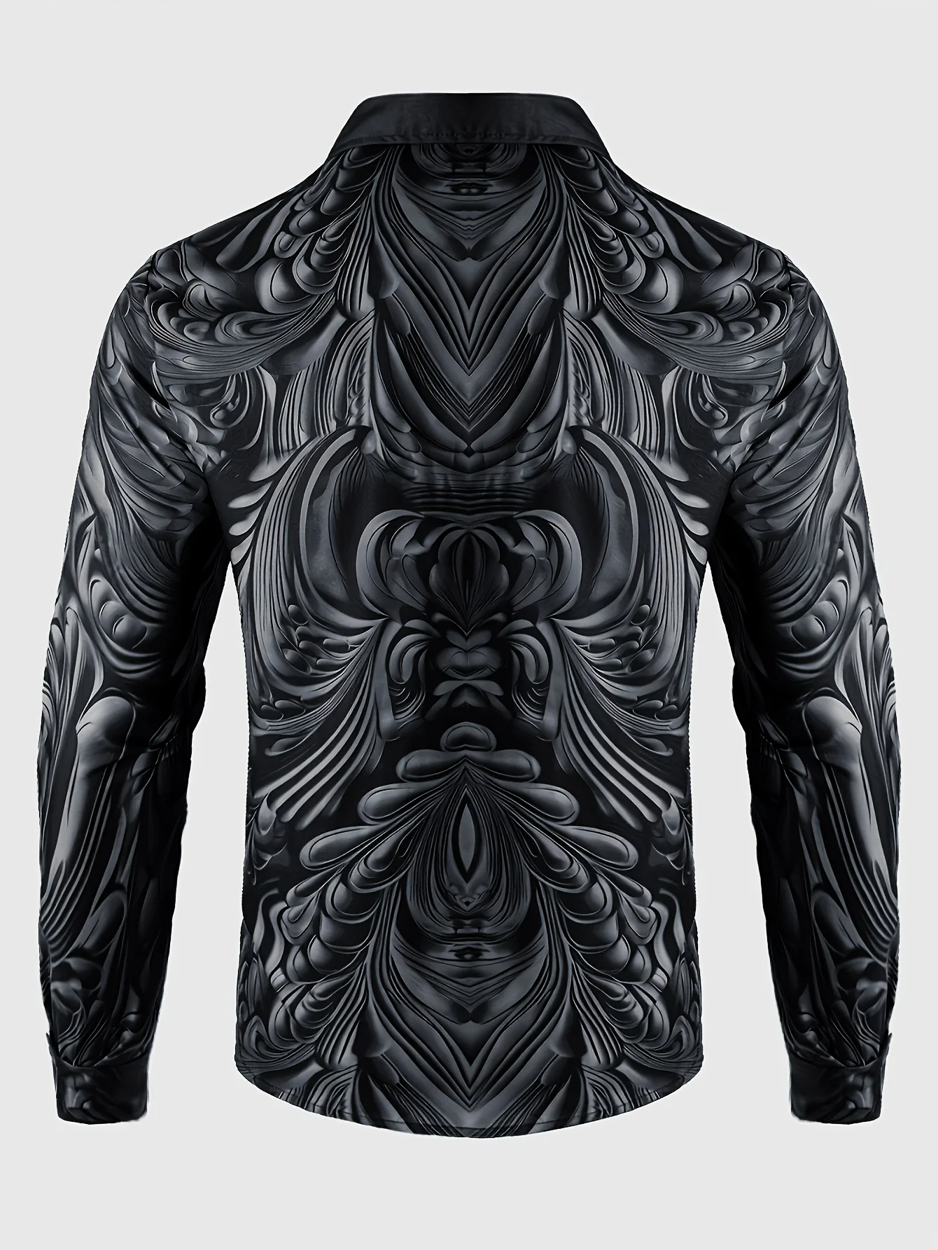 Gothic Men Lapel Collar Shirt Dark Curved Wave Texture Art Print Polyester Long‑Sleeve Banquet Dating Blouse