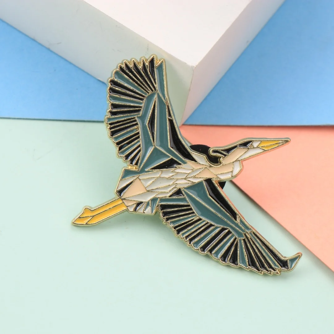 Stained Flying Heron Enamel Lapel Pin Geometric Wild Bird Metal Badge Backpack Clothes Decor Pin Nature BirdLove MinimalistGift