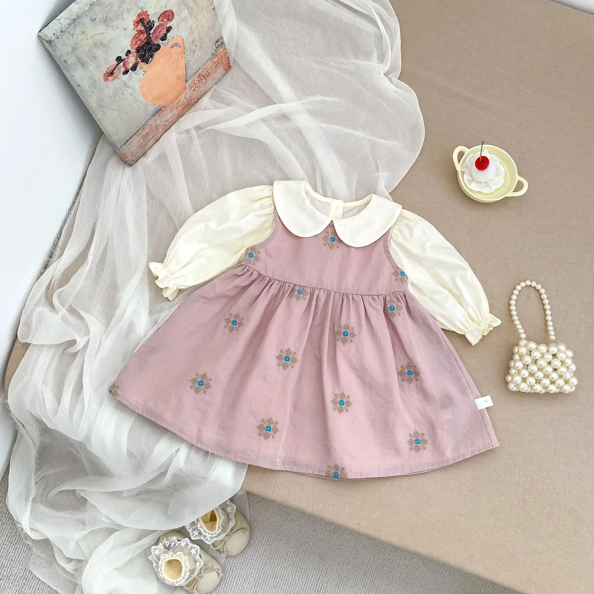 2026 Autumn New Baby Girl Long Sleeve Lapel Dress Cotton Girls Cute Flower Vest Dress Infant Princess Dress Toddler Clothes