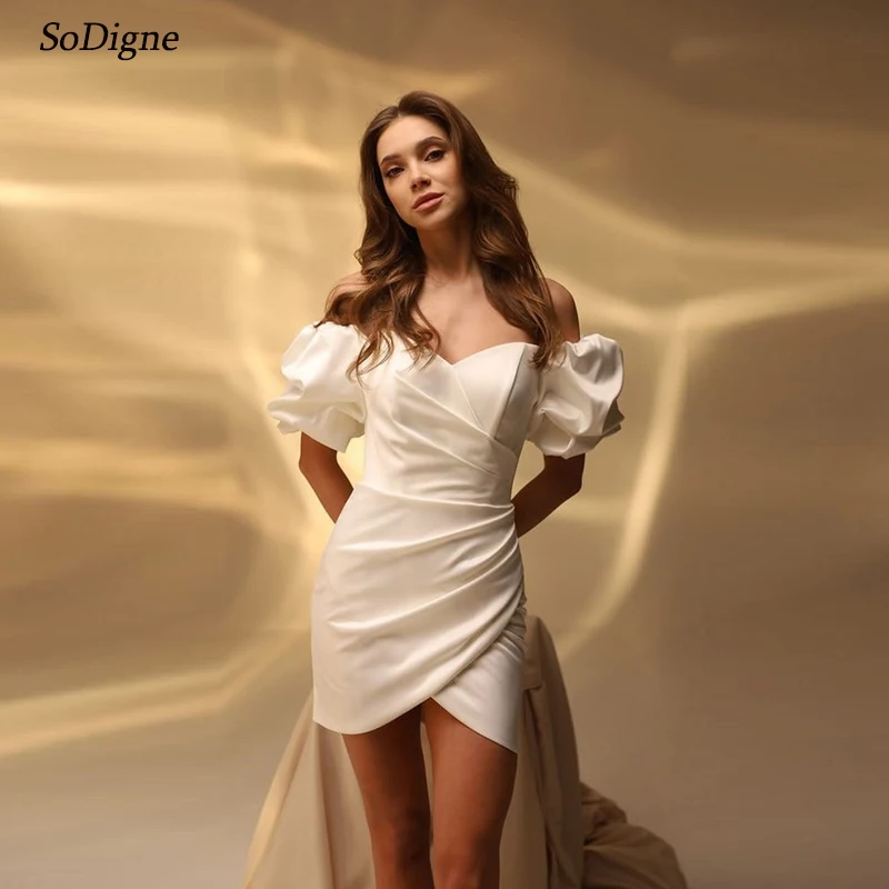 

SoDigne Satin Mermaid Short Wedding Dresses Sweetheart Puffy Sleeves Bridal Dress Beach Wedding Gown Customized Robe De Mairee