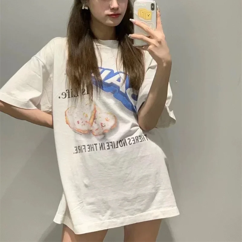 Summer streetwear Sain T Shirt Cookie Print Wash White Short Sleeve Return Men's Women's Best Quality Cotton T-Shits