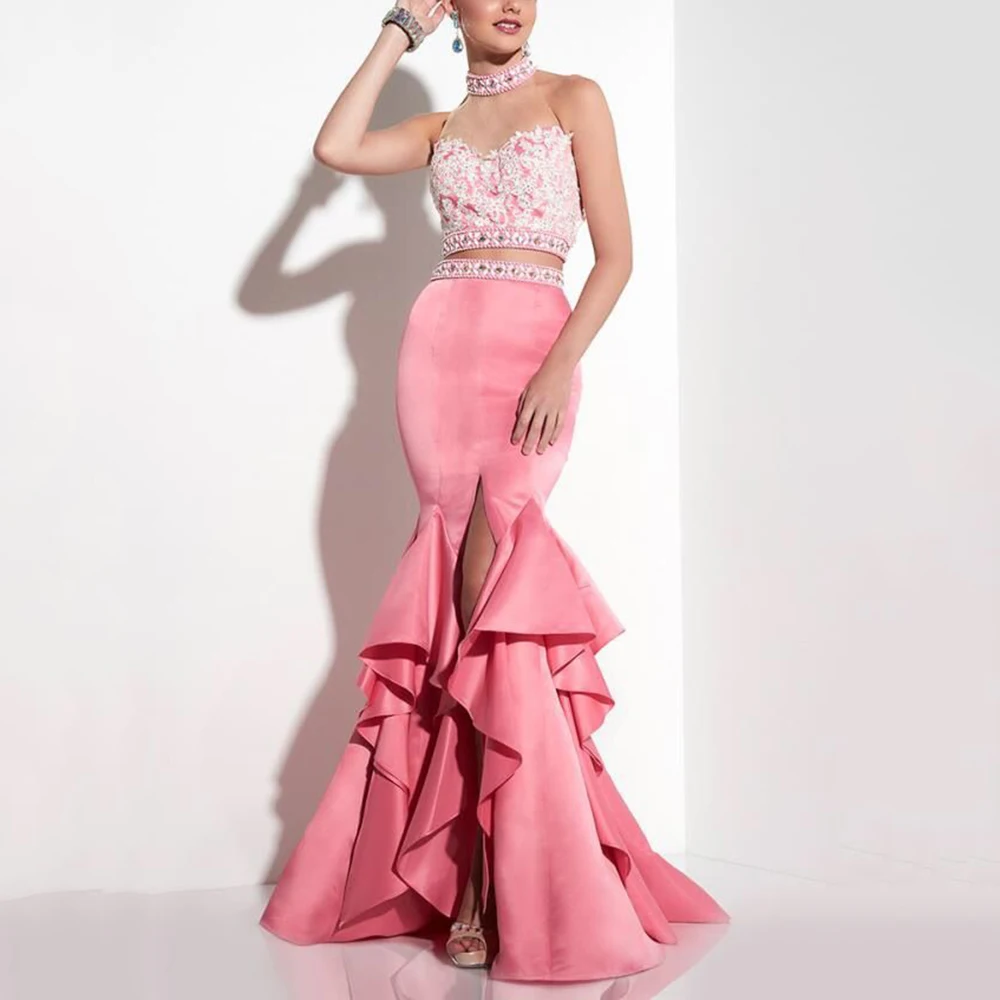 

Pretty Pink Women Prom Dresses Sleeveless High Collar Floor Length Mermaid Side Split Appliques Smart Female Banquet Gowns