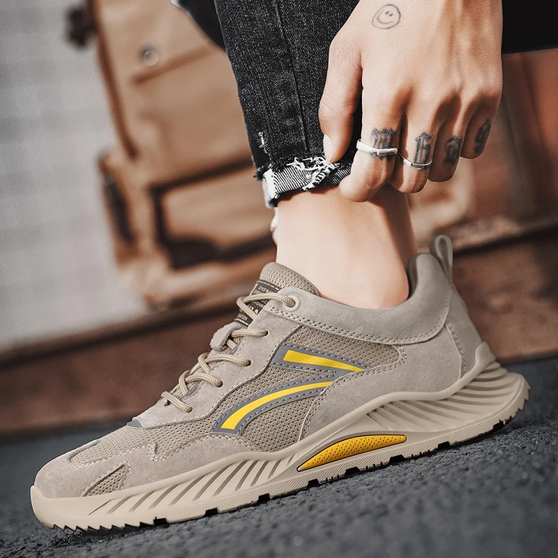 

Men's Genuine Leather Casual Shoes Breathable Mesh Comfortable Non-Slip Rubber Sole Thick Sole Sneakers