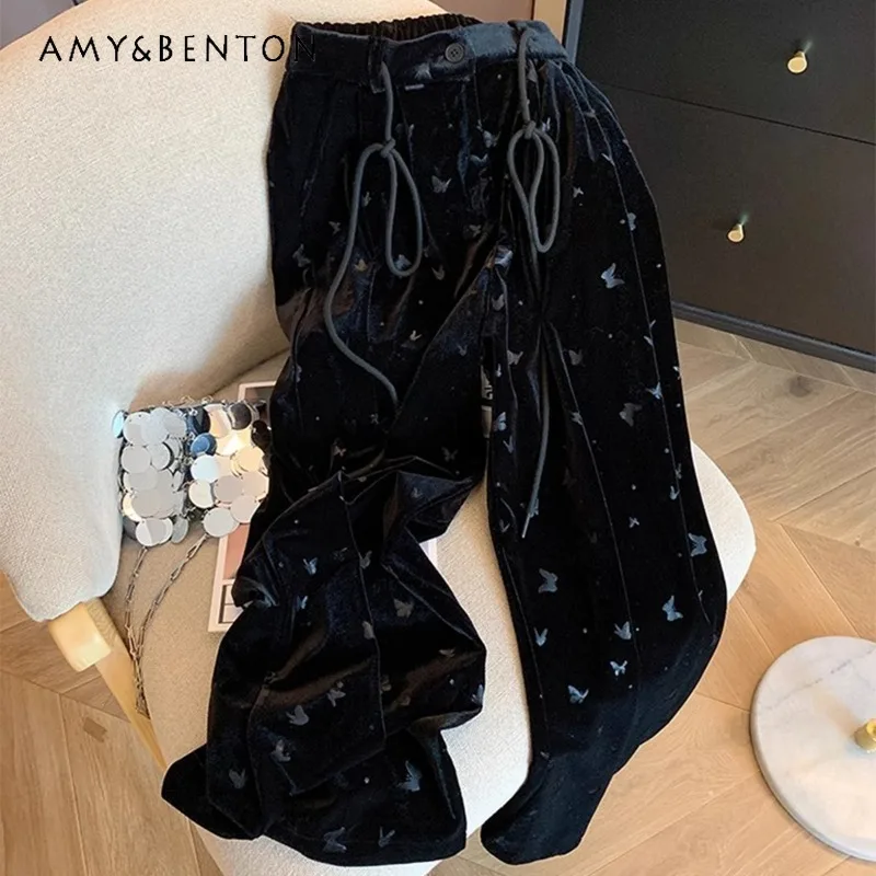 Black Butterfly Print Drawstring Elastic Waist Velvet Casual Pants 2024 Spring High-waist Drooping Straight-Leg Wide-Leg Trouser