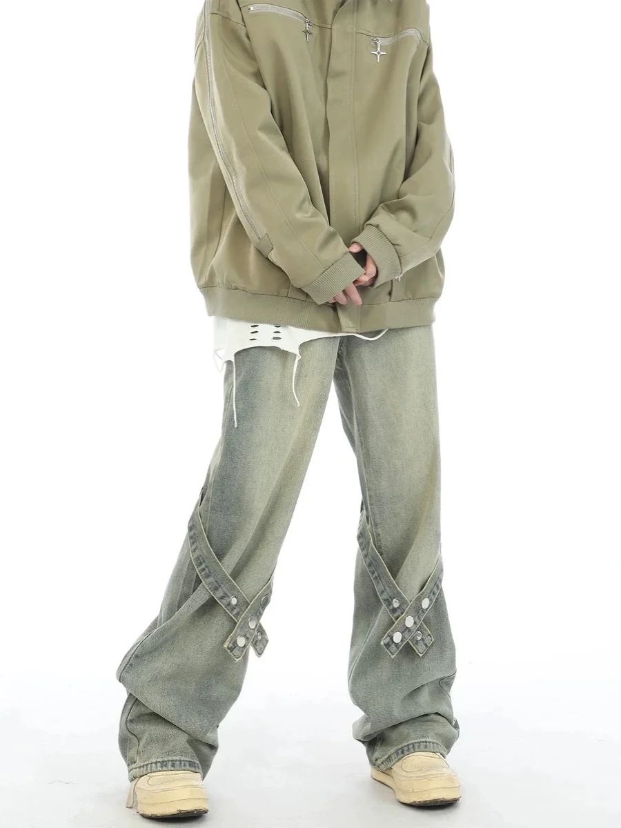 

Ретро американский дизайн с поясом, свободные прямые мужские джинсы, длинные брюки в стиле хип-хоп, повседневная одежда, молодежная мода