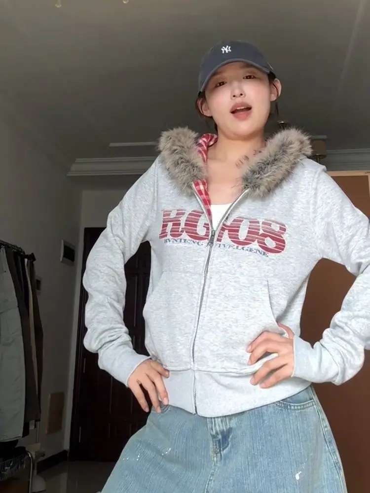 Deeptown Vintage Letter Fur Collar Hoodies Women Harajuku Gray Zipper Hooded Sweatshirts American Retro Casual Loose Hoodies