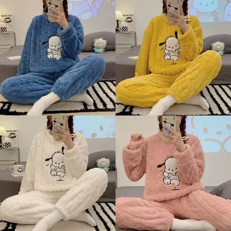 

Jacket Thicken Printed Women's Men +pants Flannel Wear Warm Pajamas Cartoon Winter 2Pcs Lady Set Sleepwear Female Suit Home