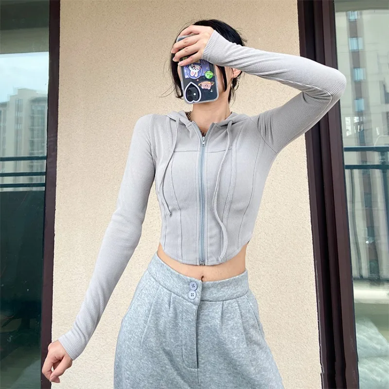 Cropped Slim T-Shirts Women Solid Hooded Chic Popular Defined Waist All-match Streetwear Korean Fashion Spring Long Sleeve Tops