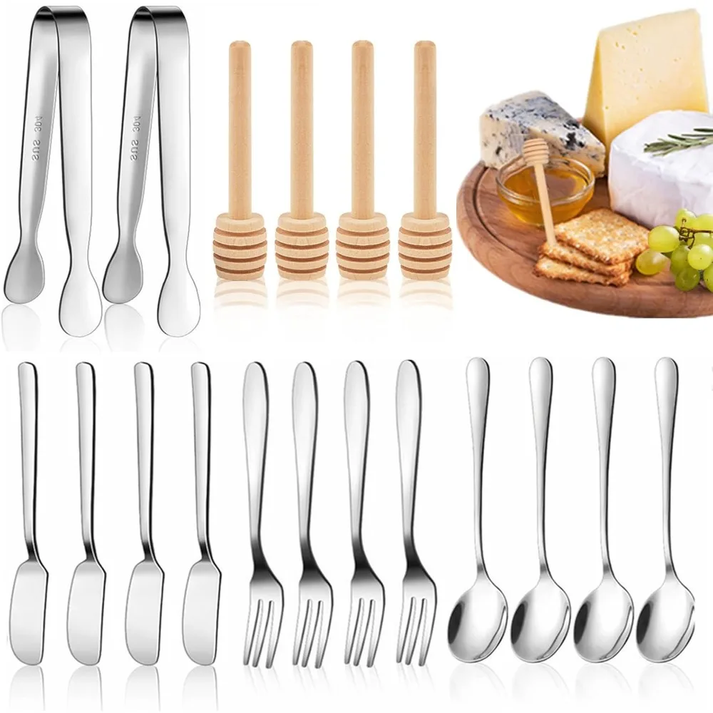 

Charcuterie Board Accessories, 18 Pcs Silver Stainless Steel Spreader Knives Set Include Mini Serving Tongs, Cheese Butter Knive