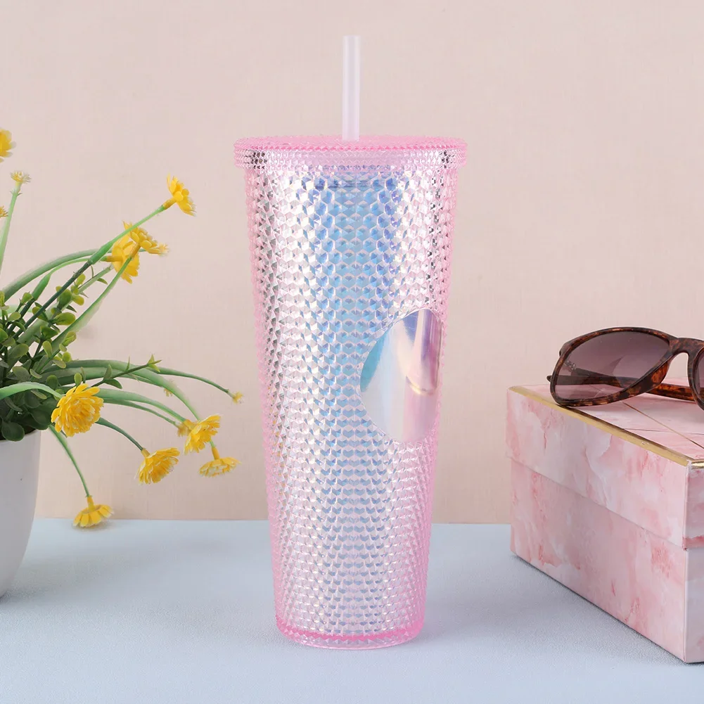 710ml Straw Cup with Lid Studded Finish Double Wall Coffee Mugs Plastic Studded Durian Tumblers Cold Bling Cup Customized