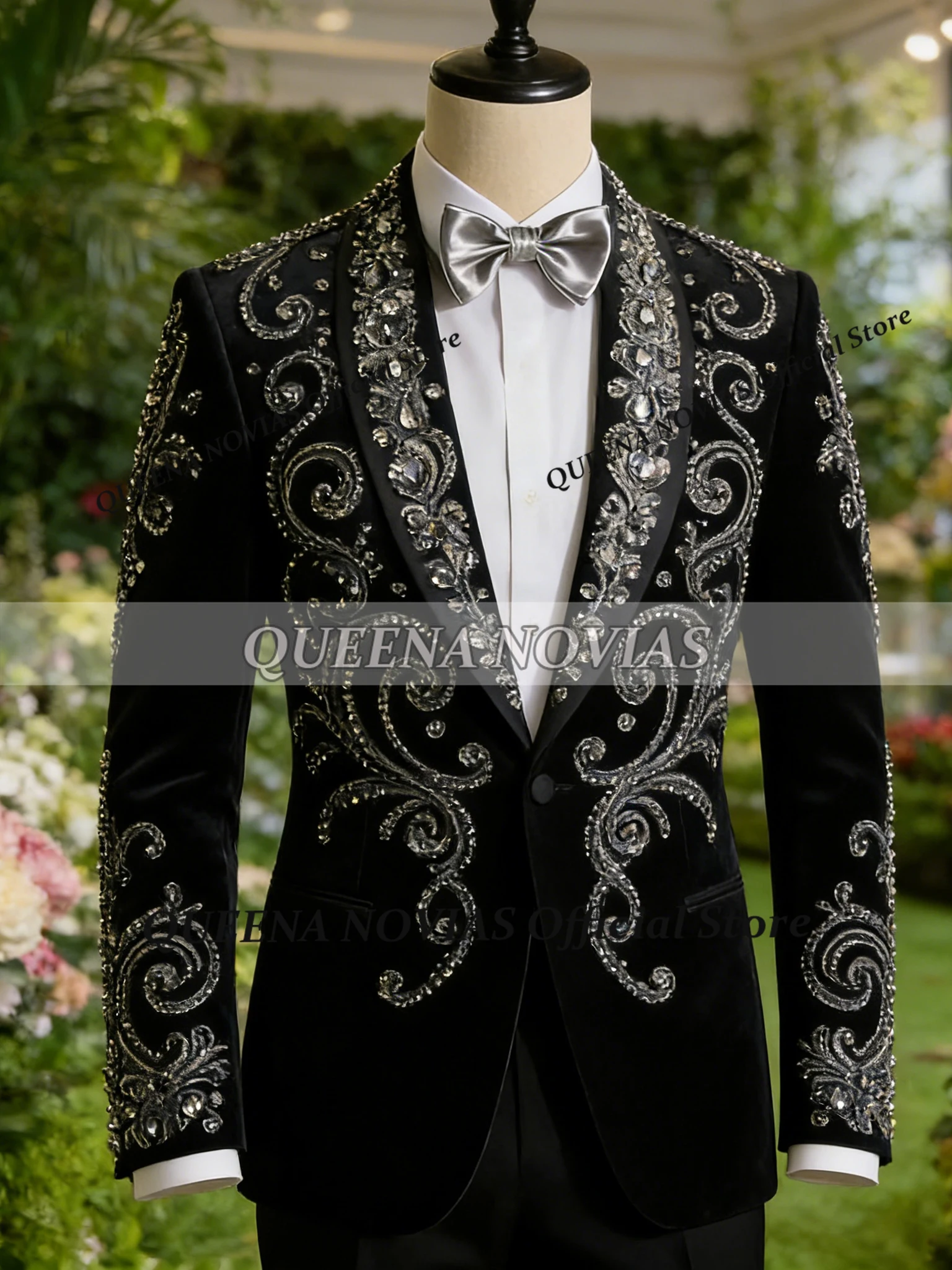 

Мужской модный бархатный костюм с бриллиантовыми бусинами для свадьбы, однобортный пиджак для выпускного вечера, индивидуальный пошив, смокинг для жениха, банкета, вечеринки