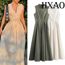 HXAO Elegant Women Long Dress Folds Sleeveless Zipper Lady Dress 2024 Spring Summer New Fashion Casual Office Women Clothing