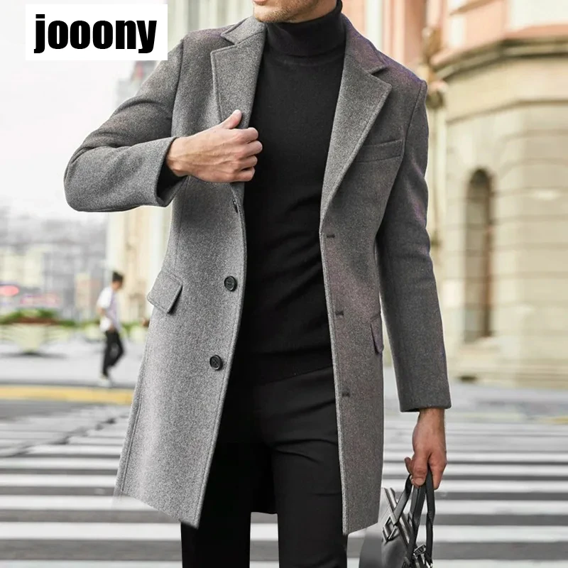 Fashion Single Breasted Medium Length Trench Coat Classic England Style Casual Autumn Winter Warm Jackets Woolen Overcoat Men's