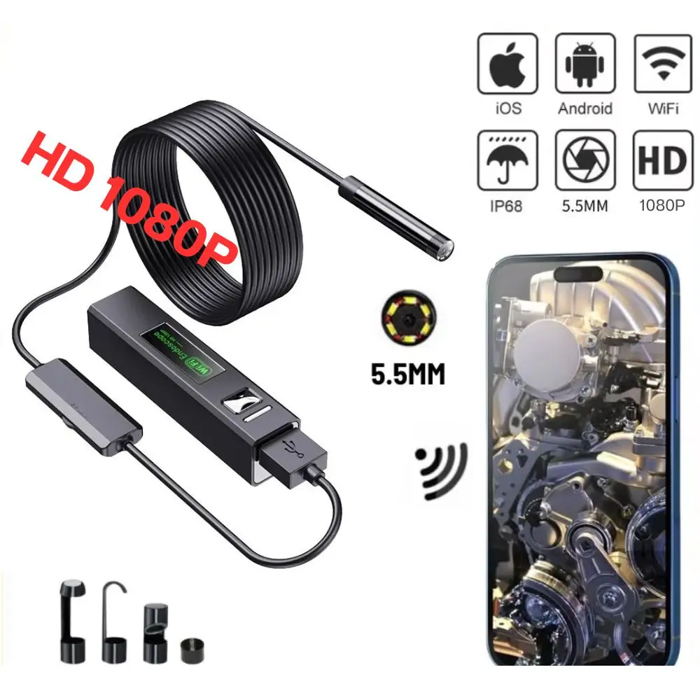 5.5mm Inspection Endoscope Camera 1080P HD WiFi Borescope IP67 Waterproof with 6 LED Light for iPhone Android Mac