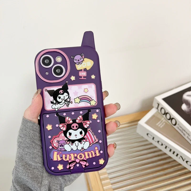 Cute Cartoon Sanrio Kuromi Hidden Flip-up Makeup Mirror Phone Case For iPhone 15 14 13 12 11 Pro Max Cases Shockproof Hard Cover