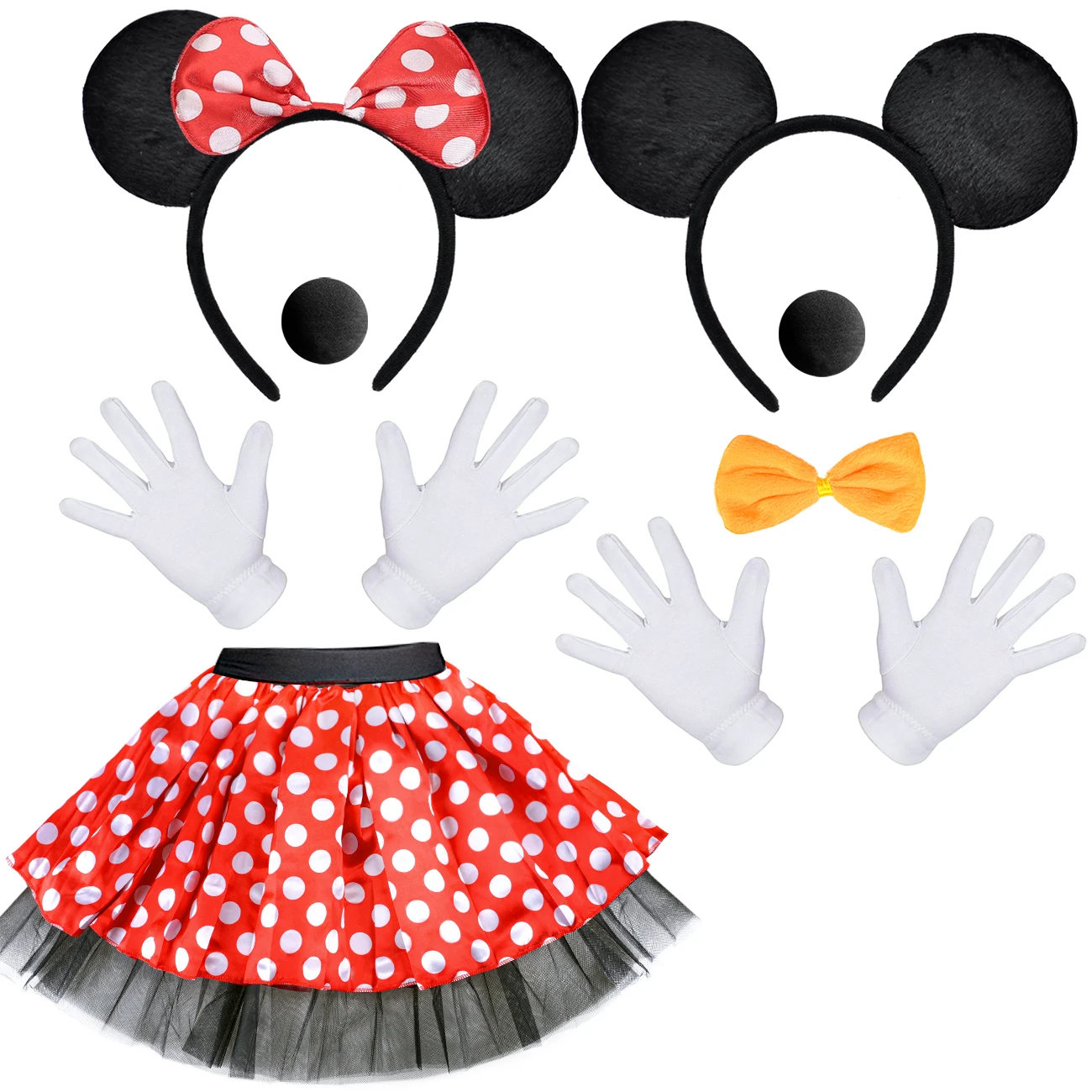 

Mouse Costume Kit incl. Red Tutu Skirt 4 Layers, Mouse Ear Headband, 2 White Gloves, 1 Black Nose - Halloween Costumes for Girls