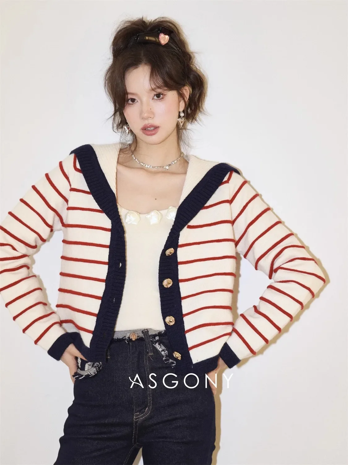 Amerikanische süße Frauen gestreifte Sailor kurze Jacke Kragen V-Ausschnitt Strickjacke Pullover koreanische College Mädchen Kawaii Pullover